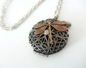 Locket , Steampunk inspired Filigree Pendant with dragonfly, swarovski and pearl, Vintage Vibe