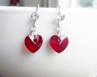 Red hearts Earrings with Zircon in Platinum Silver - Swarovski Crystal cuties