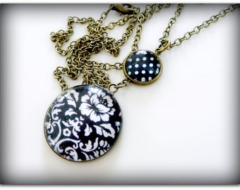 Pendant Necklace in Black and White set in antiqued Brass with matching chain