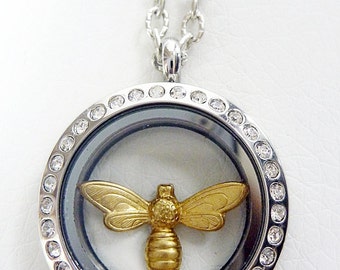 Window Locket - Floating Honey Bee with Crystals