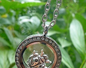 Window Locket - Floating LadyBug with Crystals - Reversible, can be worn with bling or not..