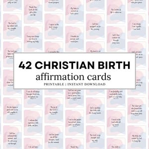 Puede incluir: Un conjunto de 42 tarjetas de afirmaciones cristianas para el nacimiento. Cada tarjeta presenta texto inspirador sobre un fondo de acuarela rosa y azul claro. Las tarjetas están dispuestas en una cuadrícula, con el título "42 CHRISTIAN BIRTH affirmation cards" en el centro.