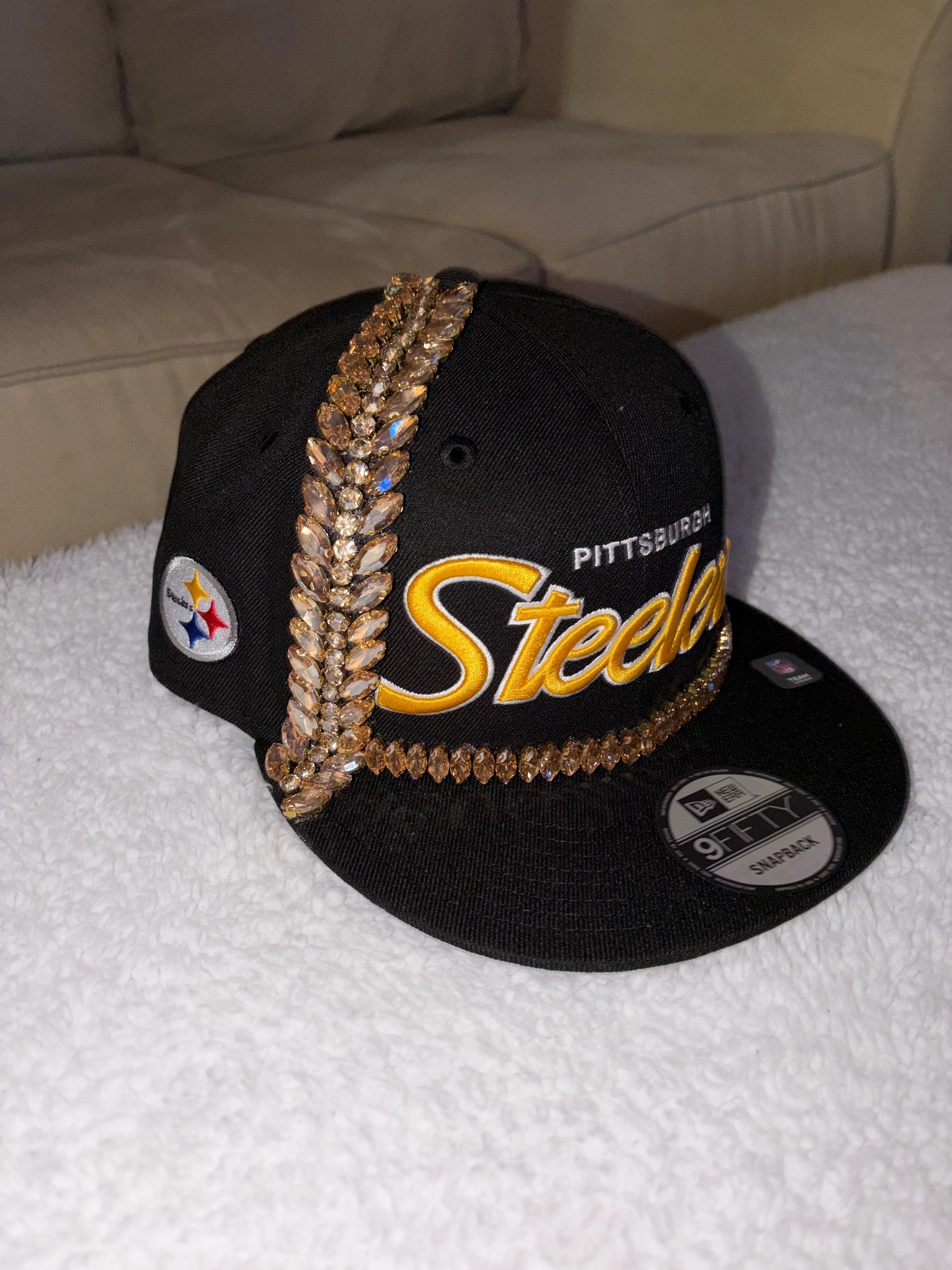Steelers ladies \' Black and White Cap with Rhinestones Steelers Bling Hat - Etsy main image 3
