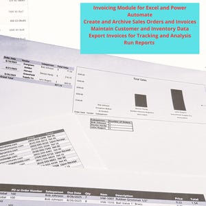 Puede incluir: Una colección de facturas e informes impresos, con una pantalla de ordenador visible en el fondo. Los documentos muestran detalles de pedidos, cifras de ventas e información de la empresa. Una pancarta turquesa en la parte superior dice: "Módulo de facturación para Excel y Power Automate."