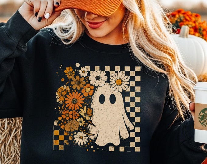 Featured listing image: Checkered Floral Ghost Sweatshirt, Halloween Ghost Shirt, Cute Fall Shirt, Cottagecore Ghost Tee, Retro Vintage Halloween Sweatshirt Gift