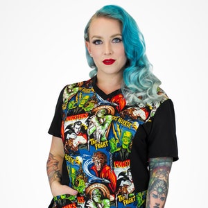 Medical and Veterinary Women&#39;s Rounded V-Neck 2-Pocket Monster Scrub Top / Made in USA / Adult