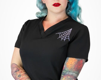 Medical and Veterinary Women's Rounded V-Neck 2-Pocket Spiderweb Scrub Top/Black or Navy / Made in USA / Adult