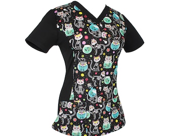 Medical and Veterinary Women's Rounded V-Neck 2-Pocket Kitty Scrub Top / Made in USA / Adult