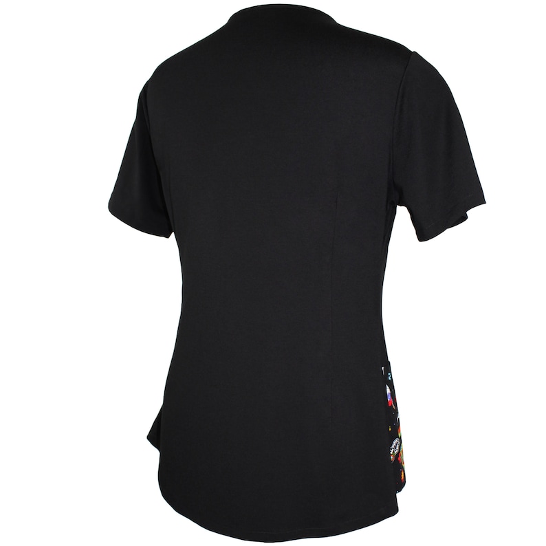May include: Black short-sleeved shirt with a colorful design on the right side of the shirt.