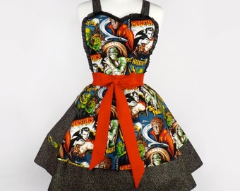 Monsters Two Tier   Dress Apron / Hollywood Horror Movie Rockabilly Apron
