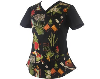 Medical and Veterinary Women's Rounded V-Neck 2-Pocket Frida's Botanical / "Ya No Estoy Sola" Sacred Heart Scrub Top / Made in USA / Adult