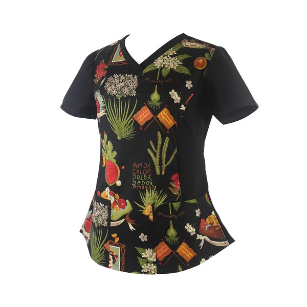 Medical and Veterinary Women's Rounded V-Neck 2-Pocket Frida's Botanical / "Ya No Estoy Sola" Sacred Heart Scrub Top / Made in USA / Adult