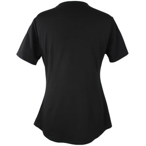 May include: A black short-sleeved t-shirt with a v-neck.