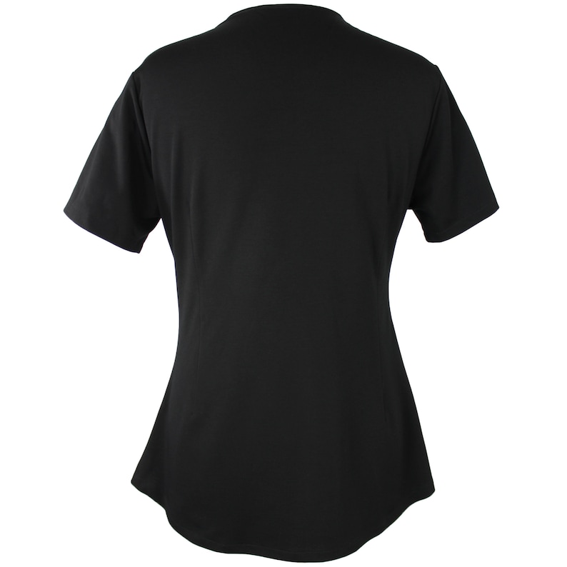 May include: A black short-sleeved t-shirt with a v-neck.