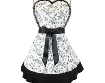Apron Romantic  Venice Floral Script Apron / Vintage Inspired White and Black Apron