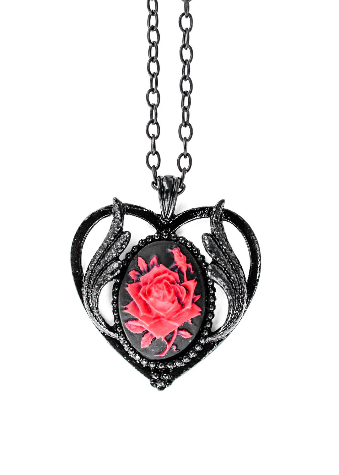 Red Rose Heart Cameo Black Victorian Goth Necklace - Etsy