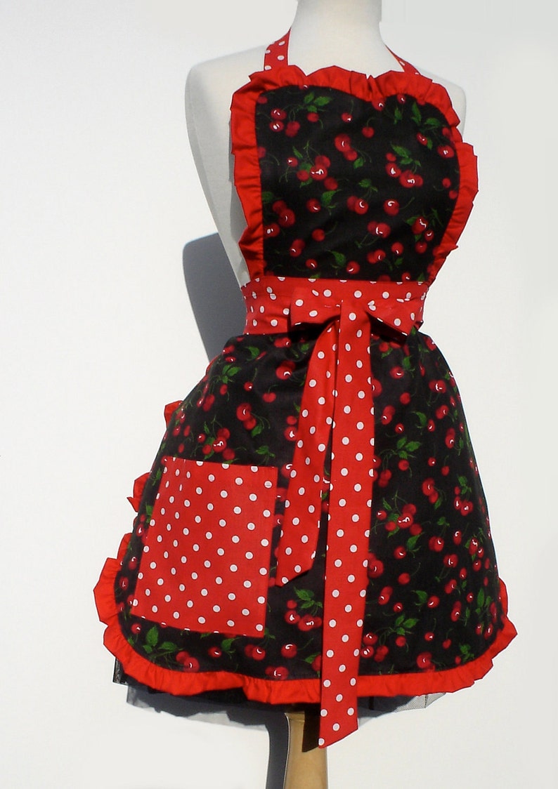 1950s Apron History: Tea Apron, Half Apron, Cobbler Apron Retro Apron Vintage Inspired Cherry Apron FREE SHIPPING $36.95 AT vintagedancer.com