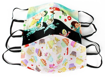 Kid Face Mask /Washable-Made in USA-Filter Pocket Cute Retro Prints!