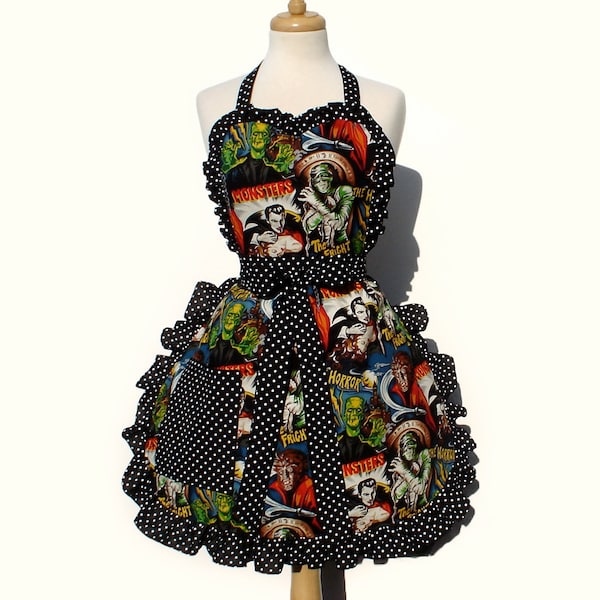 Plus Size Vintage Inspired 1950s Horror Movie Hollywood Monsters Apron FREE SHIPPING