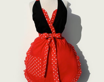 Apron  retro / Vintage Inspired Full  Apron Red and Polka Dots / Minnie mouse apron FREE SHIPPING
