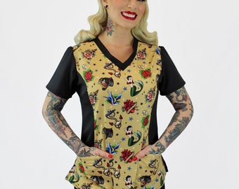 Medical and Veterinary Women's Rounded V-Neck 2-Pocket Tattoo Print Scrub Top / Made in USA / Adult