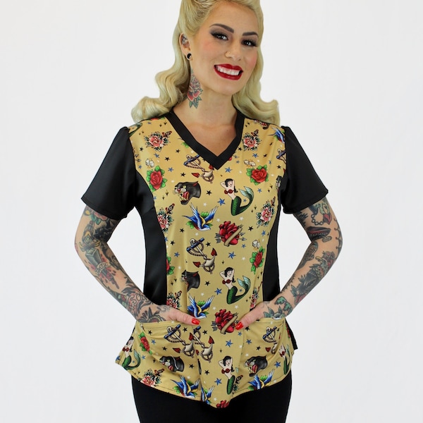 Medical and Veterinary Women's Rounded V-Neck 2-Pocket Tattoo Print Scrub Top / Made in USA / Adult