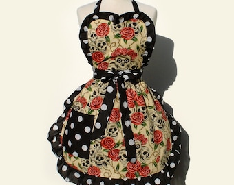 Apron Skulls and roses tattoo Art Apron Polka Dots, Skulls, Roses Retro Inspired Full Apron FREE SHIPPING