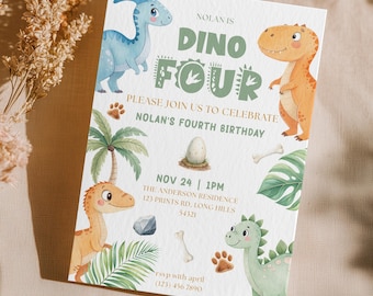 Plantilla de invitación de cumpleaños Dino Four, fiesta de dinosaurios en acuarela (descarga digital)