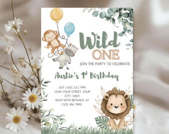 Plantilla de invitación de cumpleaños de Wild One Safari: imprimible