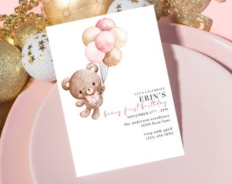 Invitación de cumpleaños número 1 con osito de peluche rosa y globos bohemios (descarga digital)