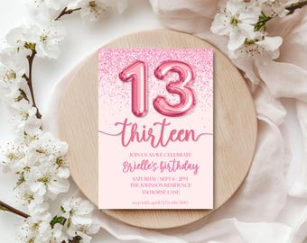 Pink Glitter 13th Birthday Invitation: Editable Teen Party Template (Digital Download)