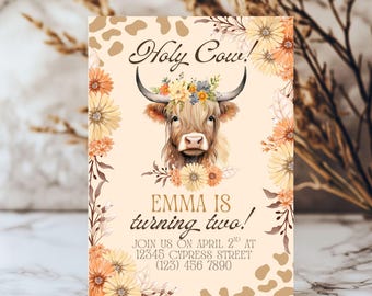 Invitación de cumpleaños de vaca de las Highlands: Fiesta vaquera para niñas (Plantilla DIY 5x7)