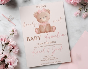 Pink Bear Baby Shower Invitation: Girl Birthday Template (Digital Download)