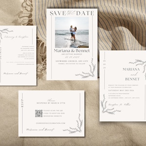 May include: A set of wedding stationery with a minimalist design. The suite includes a "Save the Date" card with a photo, RSVP, details, and invitation cards. The text includes the names "Mariana and Bennet" and wedding details.