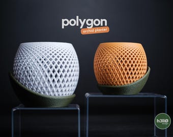 May include: Two spherical orchid planters, one white and one orange, with a geometric lattice design. Each planter sits on a dark green, leaf-shaped base. The word "polygon" and "orchid planter" are in the image.