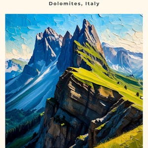 Puede incluir: Impresión artística del Seceda Ridge, Dolomitas, Italia. La imagen presenta una pintura vibrante del Seceda Ridge en los Dolomitas, Italia. La obra de arte muestra la cordillera con laderas verdes y cubiertas de hierba, acantilados rocosos y un cielo azul. Coordenadas: 46.5997° N, 11.7206° E.