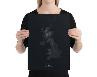 United Kingdom Terrain Map Poster – Dark Topographic Relief Wall Art – England/Scotland Cartography Decor