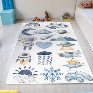 Astronauts Kids Room Rug, Baby Rug, Rocket Anti Slip Mat, Math Area Rugs, Space Round Rug, Planet Floor Carpet, Rug For Kid&#39;s Room, Kids Rug