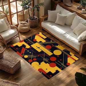 Colorful Abstract Geometric Rug, Vibrant Modern Art Rug, Bohemian Style Floor Rug for Living Room and Bedroom, Mid-Century Style Rug