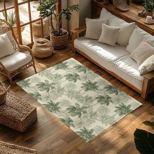 Tropical Leaf Area Rug, Green Botanical Design, Non-Slip Modern Carpet for Living Room & Kids Room, Palm Print Kids Play Mat, Green Rug