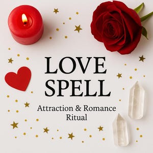 May include: A red candle with a lit flame, a red rose, a red heart, and two clear quartz crystals are arranged on a white surface. The words "LOVE SPELL" and "Attraction & Romance Ritual" are also displayed, along with gold star and dot decorations.