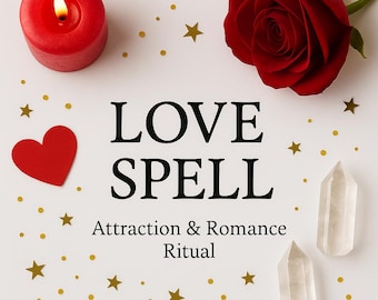May include: A red candle with a lit flame, a red rose, a red heart, and two clear quartz crystals are arranged on a white surface. The words "LOVE SPELL" and "Attraction & Romance Ritual" are also displayed, along with gold star and dot decorations.
