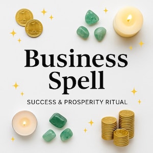 May include: An overhead shot features a business spell theme. Gold coins, green gemstones, and lit candles are arranged around the words "Business Spell" and "Success & Prosperity Ritual". Yellow star accents complete the composition.