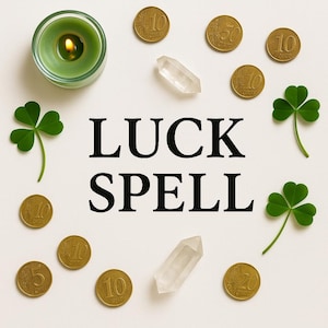 May include: A composition featuring a lit green candle, gold coins, clear quartz crystals, and green shamrocks arranged around the words "LUCK SPELL" on a white surface. The arrangement suggests a theme of fortune and magic.