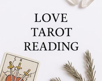 May include: A tarot card with three swords piercing a heart, with the words "LOVE TAROT READING" in black text. Two clear quartz crystals and sprigs of greenery are also present on a white background.