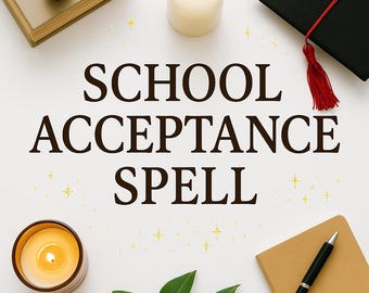 May include: A flat lay image shows a graduation cap, candles, a notebook, and the text "SCHOOL ACCEPTANCE SPELL." A pinecone and leaves are also present. The items are arranged on a white surface with gold star accents.