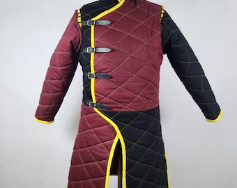 Gambesón acolchado rojo y negro: chaqueta de armadura medieval de manga larga
