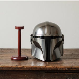 Könnte beinhalten: Ein silberner Mandalorianer-Helm mit schwarzen Details, der auf einem Holztisch steht. Links vom Helm befindet sich ein dunkelroter Helmhalter aus Holz. Der Helm hat ein futuristisches Design.