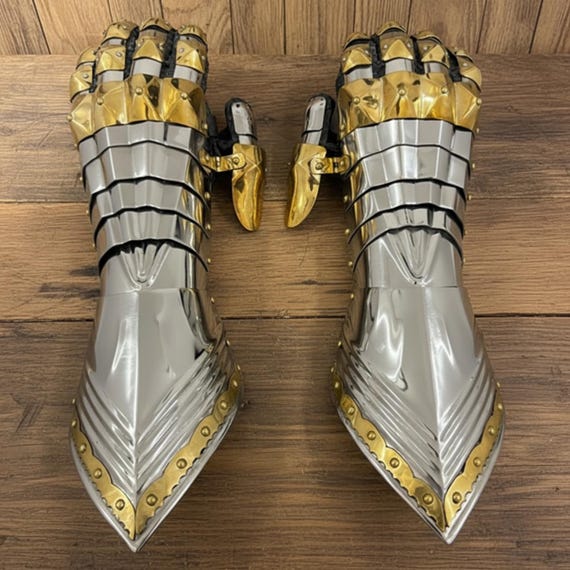 Medieval Gauntlets | 16-Gauge Steel Featuring Brass Accents & Built-In Leather Gloves