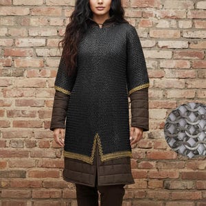 May include: A black chainmail tunic with gold trim on the sleeves and hem. The sleeves are brown with a quilted pattern. A close-up of the chainmail is shown in a circular inset. The tunic is knee-length.